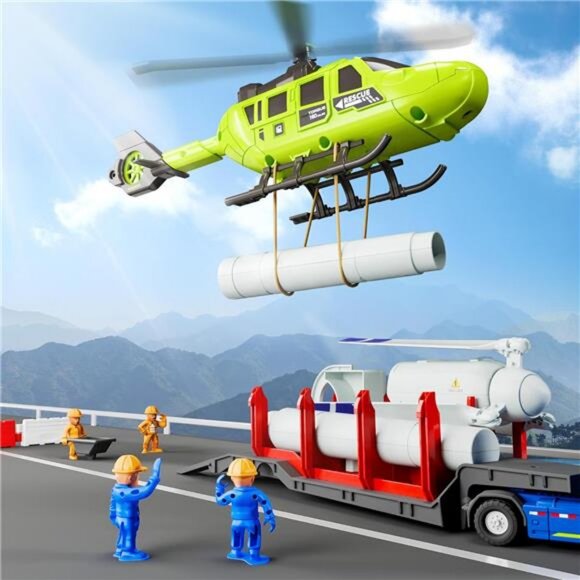 Kids Truck Trailer Toys, Toddler Vehicle Playset W/Helicopter - Picture 2 of 7